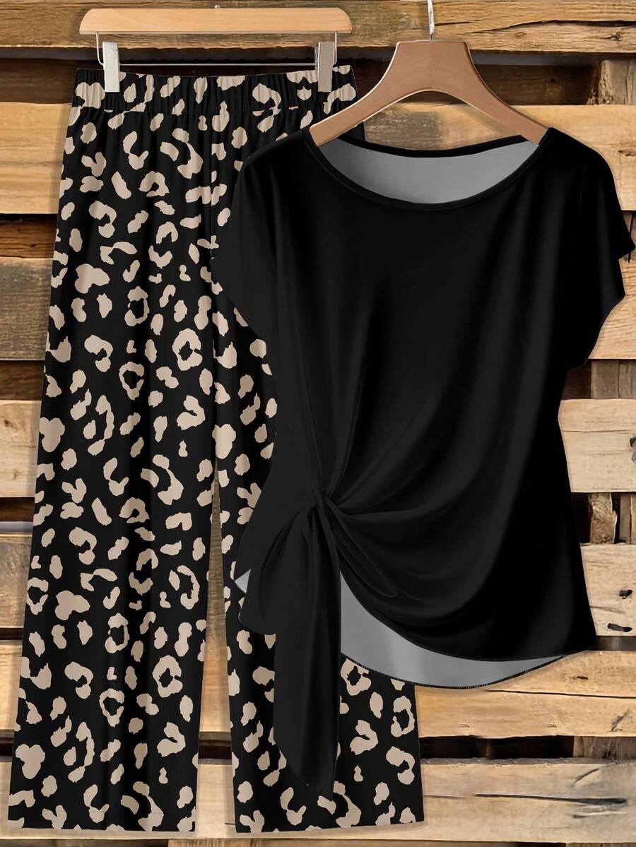 SHEIN Clasi 休闲简约黑色衬衫配领结和黑色底棕色豹纹宽松直筒裤两件套，适合春夏、度假、复古风格 - 彩色 - 查看 1