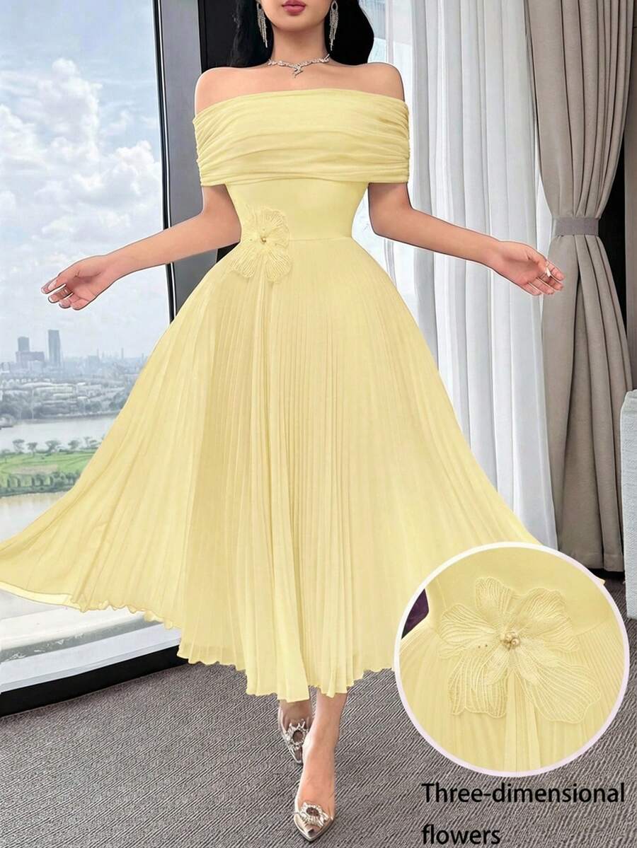 Feyla Gaun Wanita Elegan Warna Polos Tanpa Bahu dengan Dekorasi Bunga 3D dan Hem Berlipit, Musim Panas - Angsa kuning - View 1