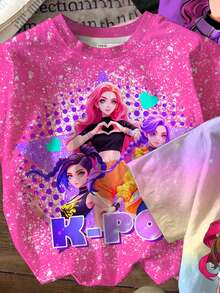 3件套少女休闲时尚街头卡通偶像可爱动漫K-POP风格渐变扎染圆领短袖基础款T恤，适合春夏、郊游、派对、演唱会等场合。儿童动漫T恤，女孩图案T恤，Y2K风格上衣，5T女童T恤，K-Pop儿童T恤 - 彩色 - 查看 4