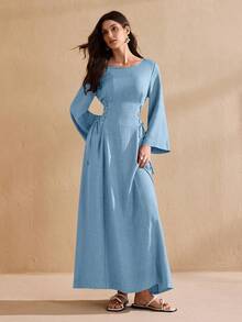 Graceveil Round Neck Solid Color Drawstring Tie Abaya Dress - Blue - View 5