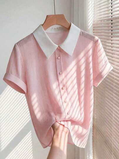 Franclia Women's Commuting Versatile Contrast Color Front Button Elegant Short Sleeve Blouse