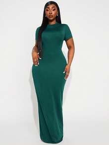Radiana Plus Size Solid Color Elegant Waist Cinching Party Short Sleeve Dress - Dark Green - View 1