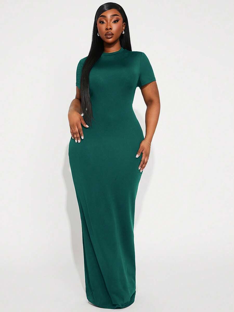 Radiana Plus Size Solid Color Elegant Waist Cinching Party Short Sleeve Dress - Dark Green - View 1