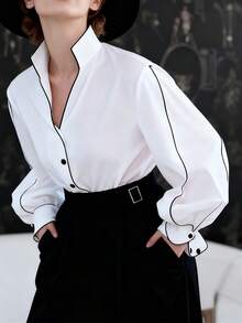 SHEIN 大码女式休闲优雅立领撞色滚边灯笼袖衬衫 - 白色 - 查看 3