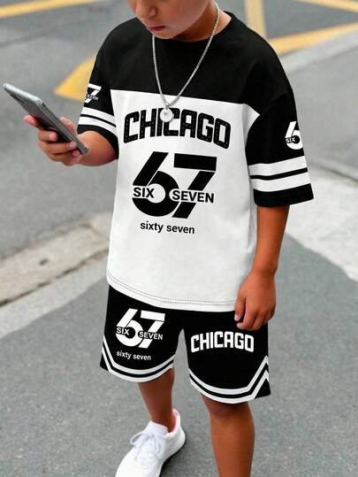 Conjunto informal de camiseta de manga corta y pantalones cortos con estampado numérico 67, letras inglesas, retro americano, estilo callejero, deportivo y universitario clásico, para niño preadolescente en un estilo suelto y cómodo minimalista