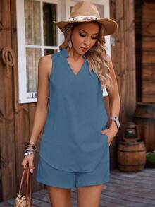 EMERY ROSE Women's Solid Color V-Neck Sleeveless Shirt And Shorts Casual 2-Piece Set - Blue - View 6