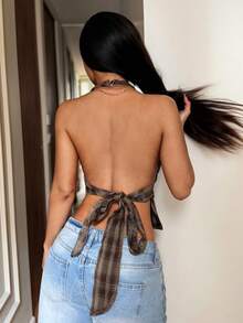 SHEIN HypeZone 街头风女装夏季做旧格子缎带铆钉镂空露背系带无袖衬衫 - 棕色 - 查看 2