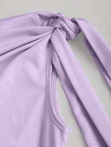 Sweetra 女士不对称肩部荷叶边性感紧身连衣裙，收腰设计，凸显身材曲线，法式优雅迷你连衣裙 - 紫丁香色 - 查看 3