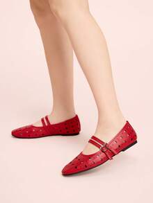 CUCCOO DOLLMOD Giày nữ màu đỏ khoét rỗng, kiểu Mary Jane thoáng khí, thiết kế khóa đôi, giày bệt thoải mái kiểu retro dành cho công sở. - Đỏ - Xem 5