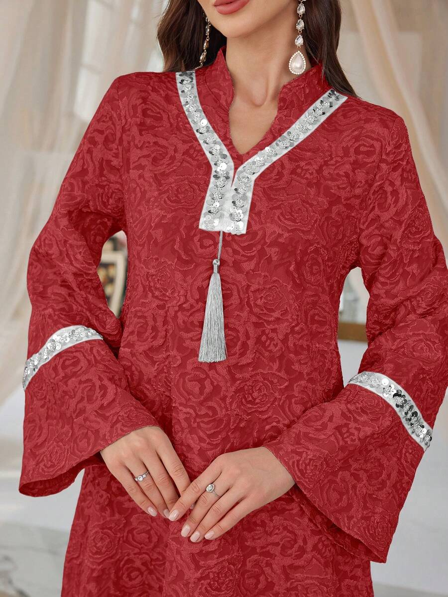 Al Najma Abito casual da donna con colletto alto, design con frange e paillettes, adatto per uscite e feste - Rosso - Visualizzare 1
