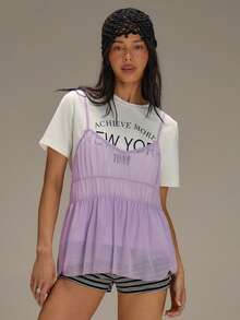 Athîral 女士休闲度假针织白色紫色花卉印花网眼T恤上衣，春夏款 - 淡紫色 - 查看 4