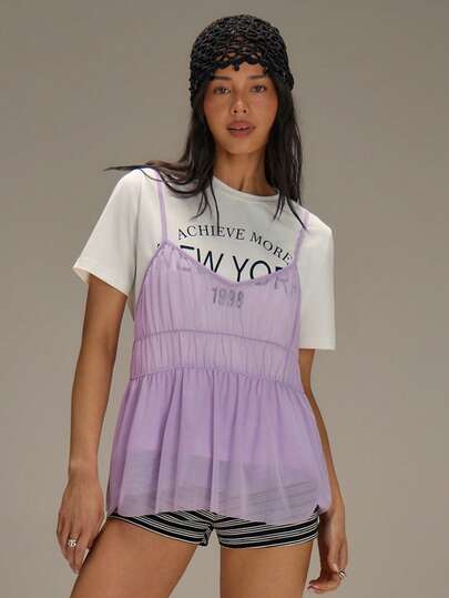 Athîral Women's Casual Vacation Knit White & Purple Floral Print Mesh T-Shirt Top, Spring/Summer