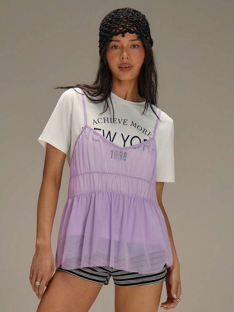 Athîral 女士休闲度假针织白色紫色花卉印花网眼T恤上衣，春夏款 - 淡紫色 - 查看 1