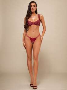 Silquee 3 件套撞色蕾丝蝴蝶结装饰女士丁字裤，情人节款 - 彩色 - 查看 7