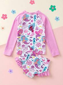 SHEIN 2pcs/Set Young Girl Casual Knit Crew Neck Long Sleeve Top And Triangle Swim Shorts Set - Blue - View 2