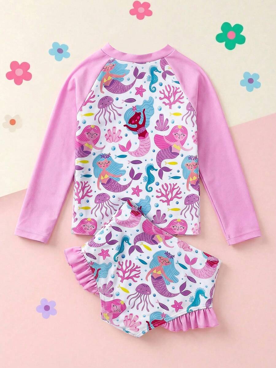 SHEIN 2件套女童休闲针织圆领长袖上衣和三角泳裤套装,女童防晒泳衣,长袖女童泳装,带防晒上衣的女童泳装,长袖女童泳衣,儿童泳装 - 藍色 - 查看 1