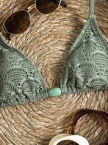 Swim Vcay-D Women's Spring/Summer Jacquard Fabric Beaded Halter Bikini Top - Army Green - View 2