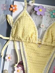 Swim Mod-D Women's Spring/Summer Jacquard Fabric Halter Shell Crochet Trim Metal Decor Bikini Set - Yellow - View 7