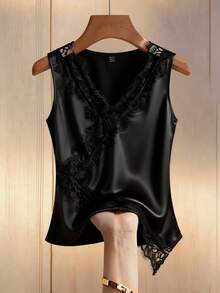 Pariaura 女士休闲优雅黑色V领无袖蕾丝镂空不规则下摆亮面上衣，夏季衬衫，适合日常穿着/教师节/商务场合/通勤/休闲度假 - 黑色 - 查看 1