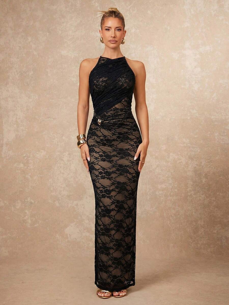 Lumalex 女士圆领褶皱交叉金属装饰修身连衣裙