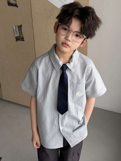 DAZY Tween Boys' Casual Tie Decor Short Sleeve Shirt, Summer