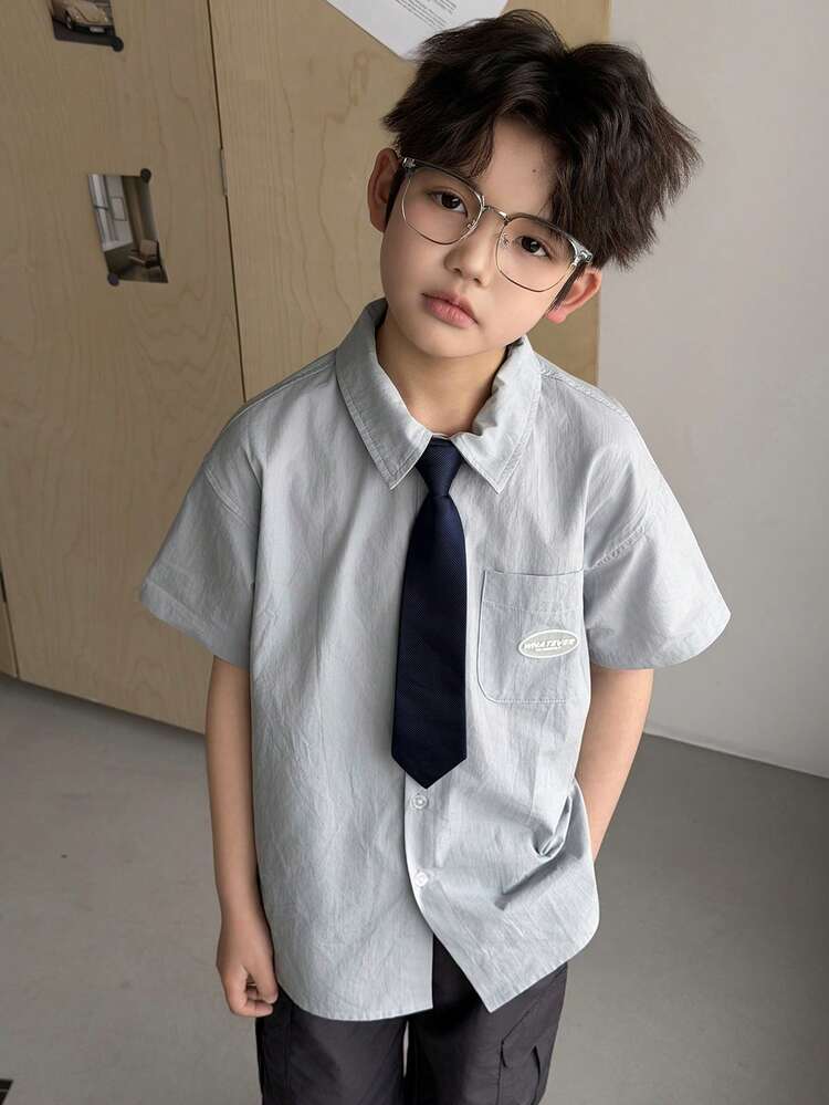 Tween Boys' Casual Tie Decor Short Sleeve Shirt, Summer