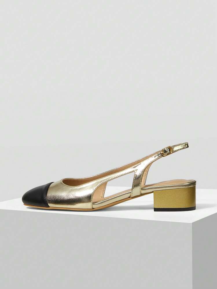 WOMEN'S ELEGANT COLOR BLOCK SQUARE TOE SLINGBACKS PUMPS SPRING SHOES