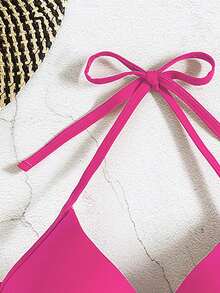 Swim Basics Solid Color Backless Halter Neck Swimsuit Top With Push Up And Underwire, Suitable For Beach Vacation - Hot Pink - View 3