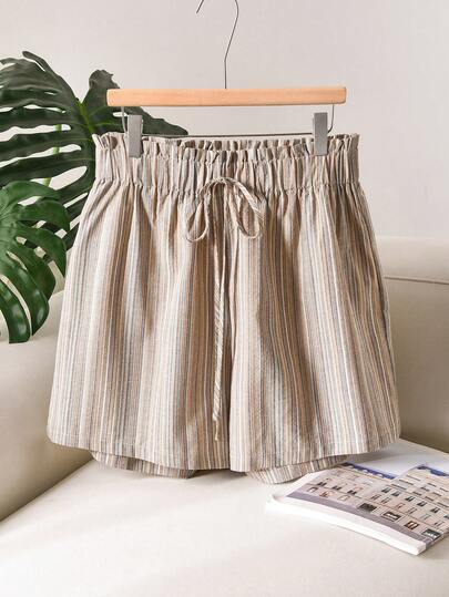 CosyJoli Quần short cỡ lớn kiểu Pháp, phong cách giản dị, tối giản, in họa tiết xanh trắng dành cho nữ đi nghỉ mát.