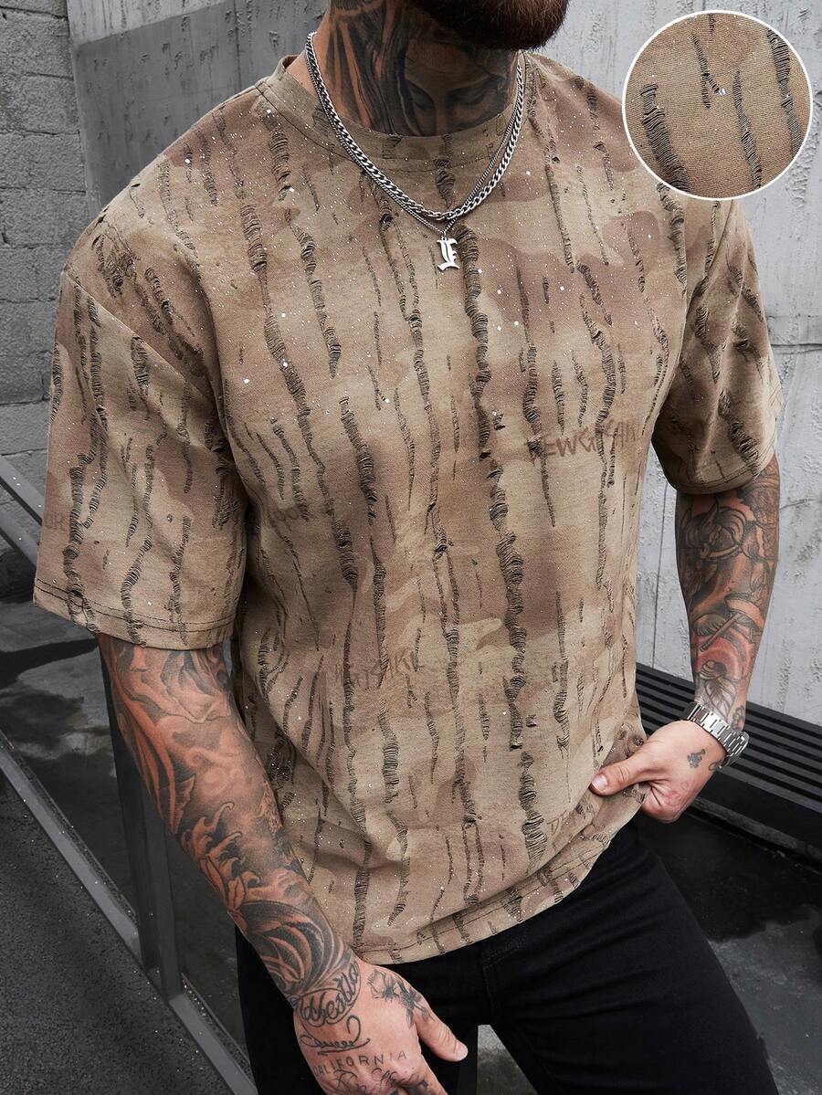SLATEMANN Men's Casual Distressed Short Sleeve T-Shirt, Summer - Khaki - View 1