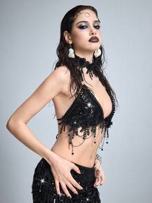 ROMWE Avant Fashionable Sexy 3D Floral Pearl Chain Decor Sequin Backless Halter Triangle Bikini Top - Black - View 4