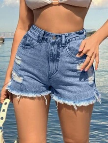 EURMUSE 100%Cotton Back Label Detailed Short With Destroy - Baby Blue - View 4