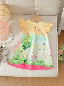 SHEIN Toddler Infant Baby Girls' Cute Bee & Floral Print Double Ruffle Sleeve A-Line Dress, Summer Summer Toddler Dress Baby Girl Dresses Childrens Dress Baby Girl Dress Set New Born Baby Girl Vacation Outfit Dress Girl Zoo Dress - Yellow - View 3