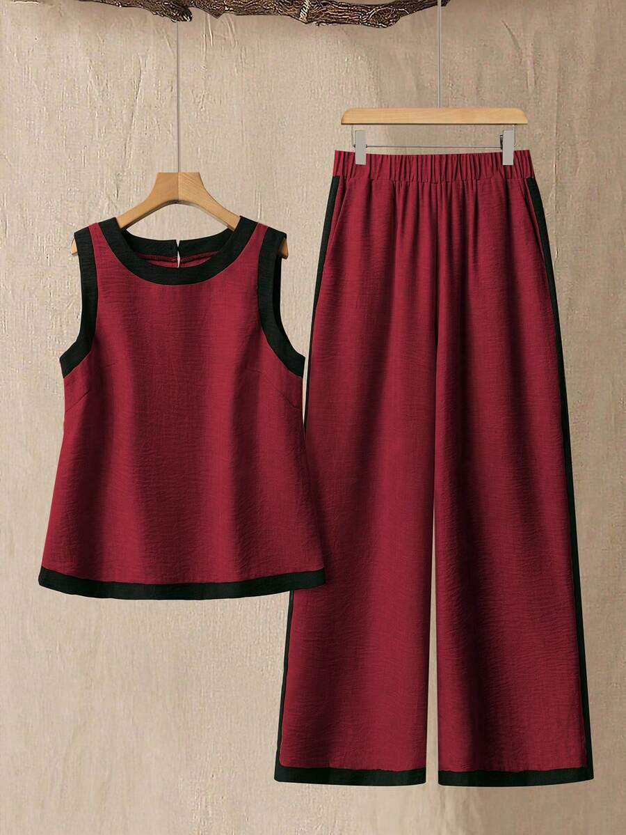 EMERY ROSE Conjunto de 2 piezas para mujer talla grande con top corto sin mangas de color negro con contraste y pantalones anchos sueltos, para uso casual, vacaciones y diario - Rojo - Ver 1
