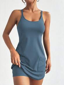 Easithlete 女士纯色二合一连衣裙，带口袋，运动风 - 淺藍色 - 查看 4