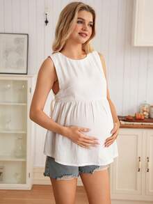 GentleRue Maternity 孕妇休闲宽松纯色侧开衩无袖衬衫 - 白色 - 查看 5