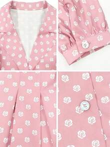 SHEIN PariChic 这款女士优雅咖啡色长袖连衣裙饰有浪漫的玫瑰印花，配有蝴蝶结腰带和前襟纽扣，时尚的设计适合秋冬、春夏、度假、情人节约会、生日等场合，A字廓形，可爱浪漫的泡泡袖短款连衣裙。 - 粉色 - 查看 5