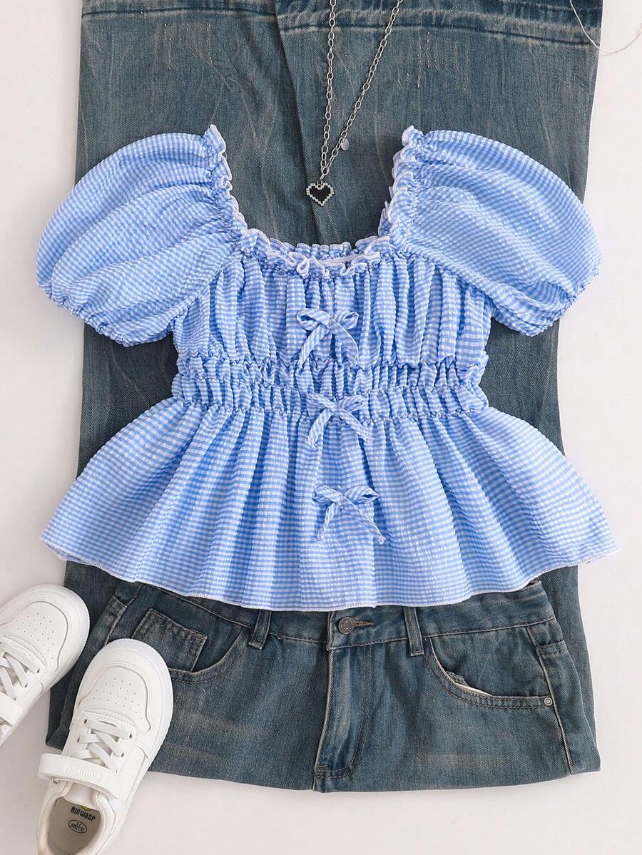 SHEIN Explorewe Tween Girl Plaid Front Bow Tie And Ruffle Waist Peplum Blouse - Blue - View 1