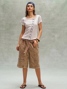 Bohemela Casual Solid Color Knit Fitted Short Sleeve T-Shirt For Women,Summer Top - Apricot - View 7