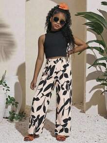SHEIN طقم بنطلون فضفاض منسوج ولباس علوي بدون أكمام صلبة مناسبة للفتيات المراهقات، قطعتان - وردي فاتح - مشاهدة 4