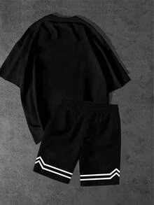 青少年男孩夏季休闲字母数字印花T恤和短裤套装 - 彩色 - 查看 2