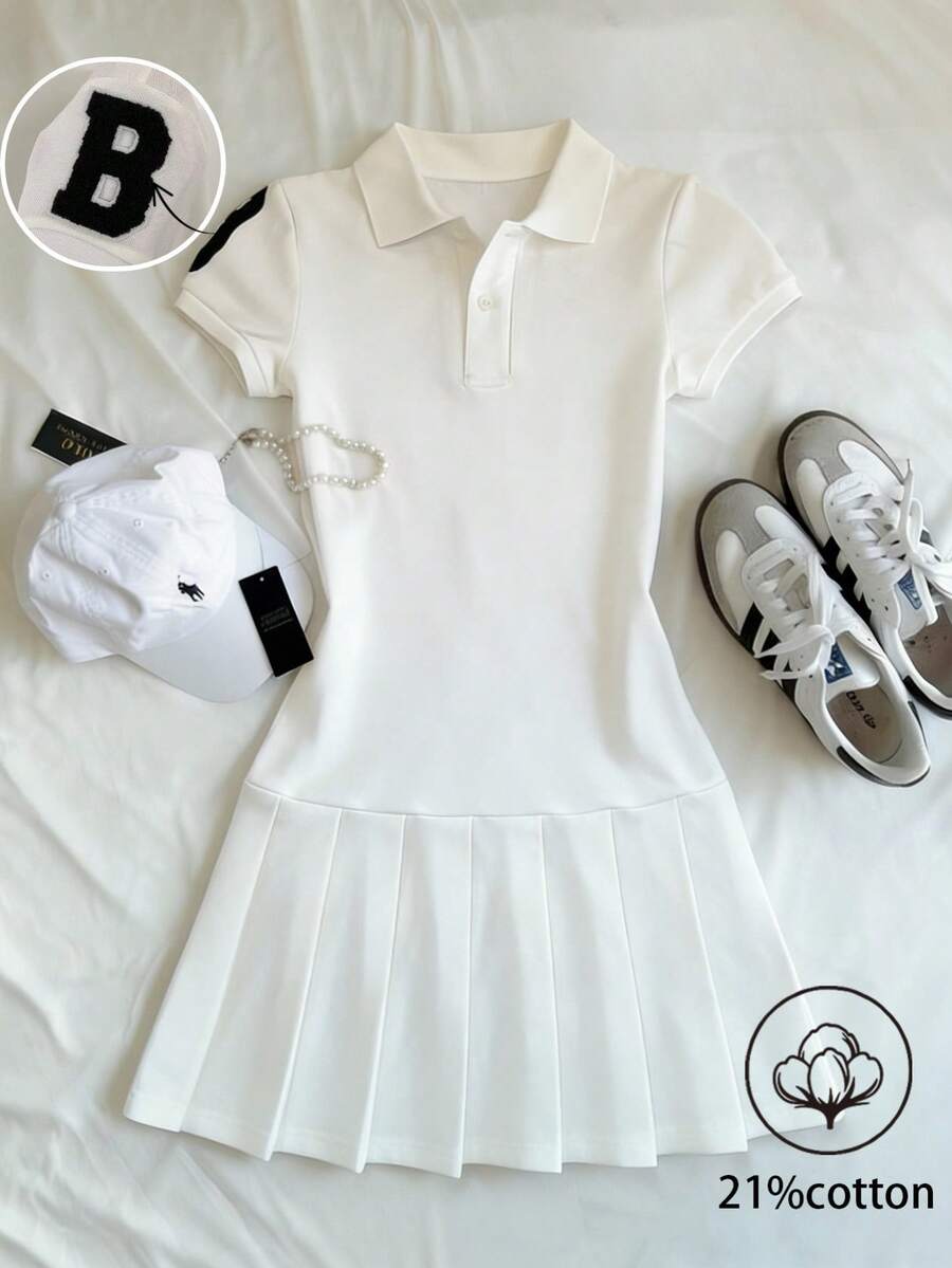 Glimmora 女士休闲 Polo 领数字印花迷你连衣裙 - 白色 - 查看 1