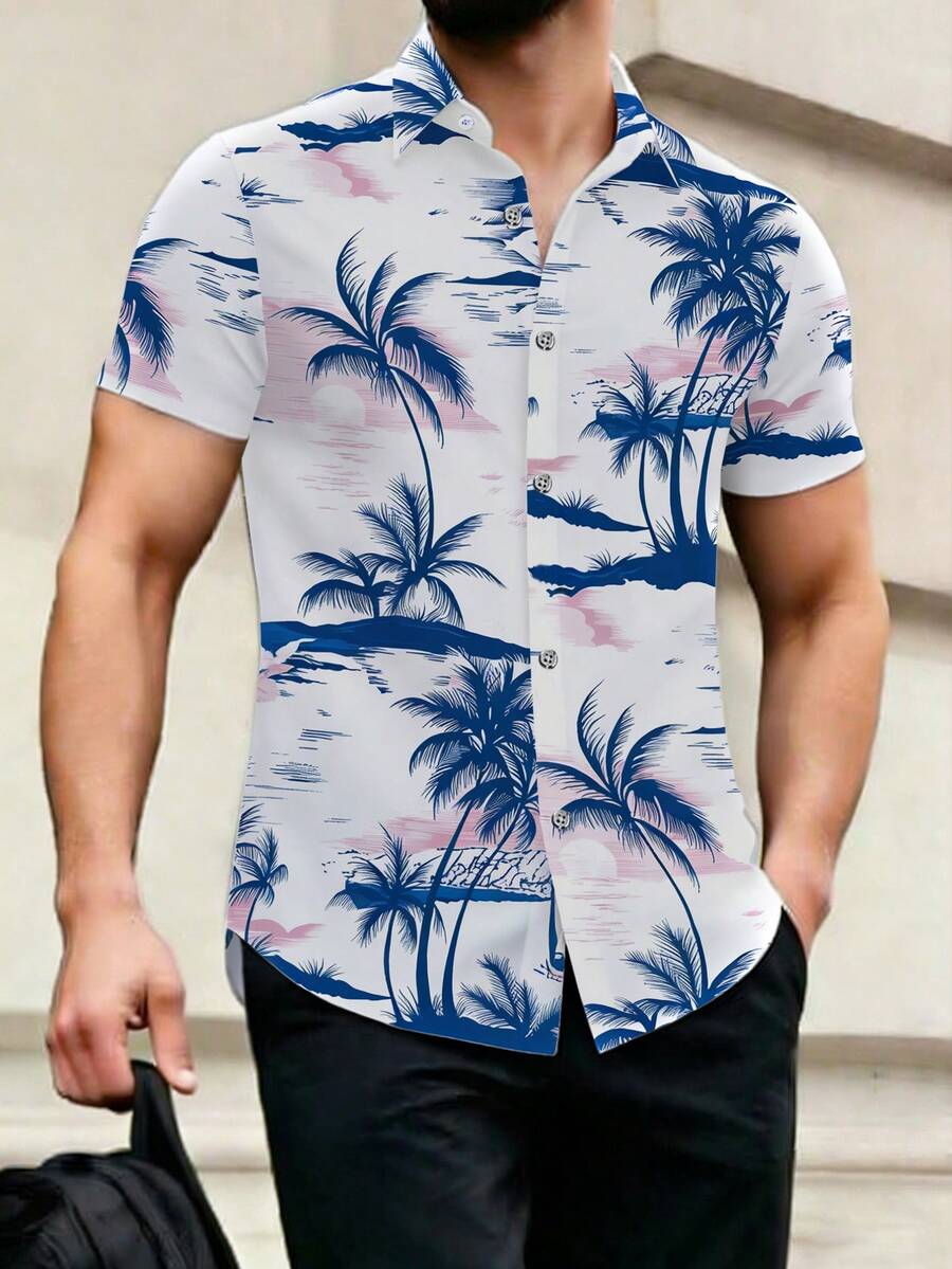 Manfinity RSRT Men's Palm Tree Print Casual Short Sleeve Shirt Tropical Shirt Men Beach Shirt For Men Men Beach Shirts Tropical Shirts For Men Summer Shirts For Men - Multicolor - View 1