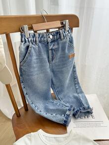 男童百搭休闲弹力腰牛仔裤，适合日常穿着、上学，风格百搭，四季皆宜 - 淺色水洗藍 - 查看 1