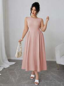 Elenzga Chic Women's Dusty Pink Sleeveless Round Neck Midi Plus Size Dress With Flared A Line Style Event Tea Party Summer Elegant - Dusty Pink - View 5