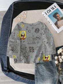 SpongeBob SquarePants | SHEIN Women's Round Neck All-Over Print Casual Everyday T-Shirt - White - View 2