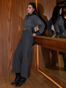 Bris Aura 新款休闲女式宽松口袋喇叭裤，秋季女式连衣裙裤，保暖内衬 - 灰色 - 查看 4