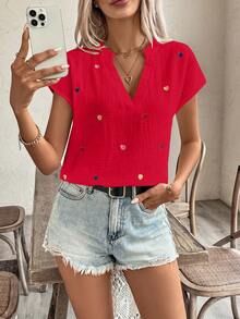 Breezaya Áo sơ mi nữ cổ chữ V thêu hình trái tim, kiểu dáng thường ngày đa năng, cài nút, màu đỏ, áo hè, áo tay ngắn dễ thương, áo đỏ, áo hè, áo thường ngày, áo nữ mùa hè, áo tay ngắn nữ, trang phục thường ngày nữ, trang phục hè nữ, áo cotton nữ. - Đỏ - Xem 6