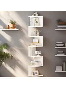 7-Story Suspended Corner Storage Rack - Space Saving Corner Storage Rack, Durable Plastic Structure, Easy To Install Adhesive Installation - Modern Simplicity And Bohemian Style, Suitable For Living Rooms, Bedrooms, Bathrooms, Kitchens - Perfect Storage Rack For Books, Decorations, Plants - Very Suitable For Small Apartments And Home Offices, Multifunctional Storage Rack With Adhesive Installation - Black and White - View 1