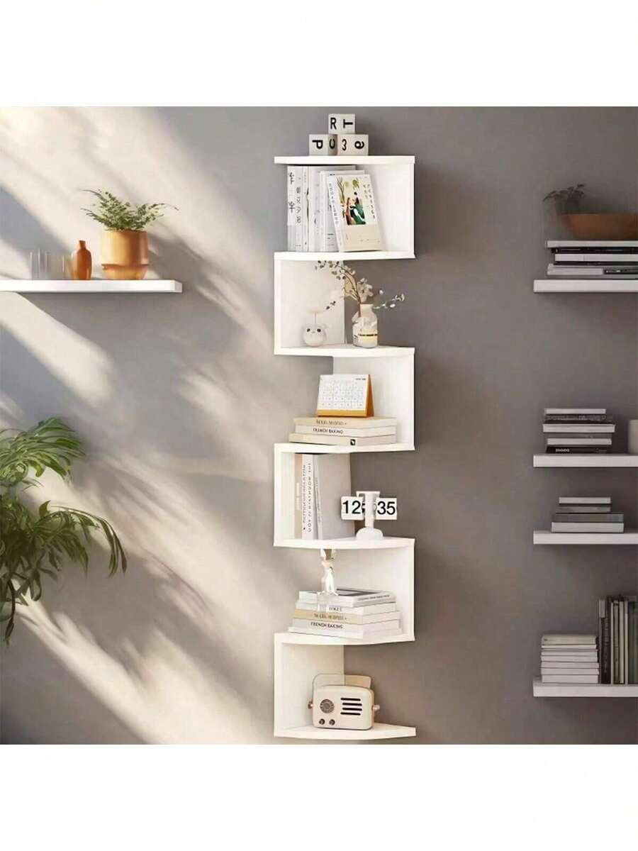 7-Story Suspended Corner Storage Rack - Space Saving Corner Storage Rack, Durable Plastic Structure, Easy To Install Adhesive Installation - Modern Simplicity And Bohemian Style, Suitable For Living Rooms, Bedrooms, Bathrooms, Kitchens - Perfect Storage Rack For Books, Decorations, Plants - Very Suitable For Small Apartments And Home Offices, Multifunctional Storage Rack With Adhesive Installation - Black and White - View 1